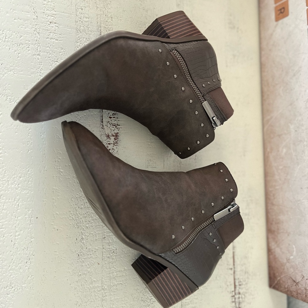 Brown Suede Ankle Booties Side Zip Croc Embossed Studded Low Block Heel